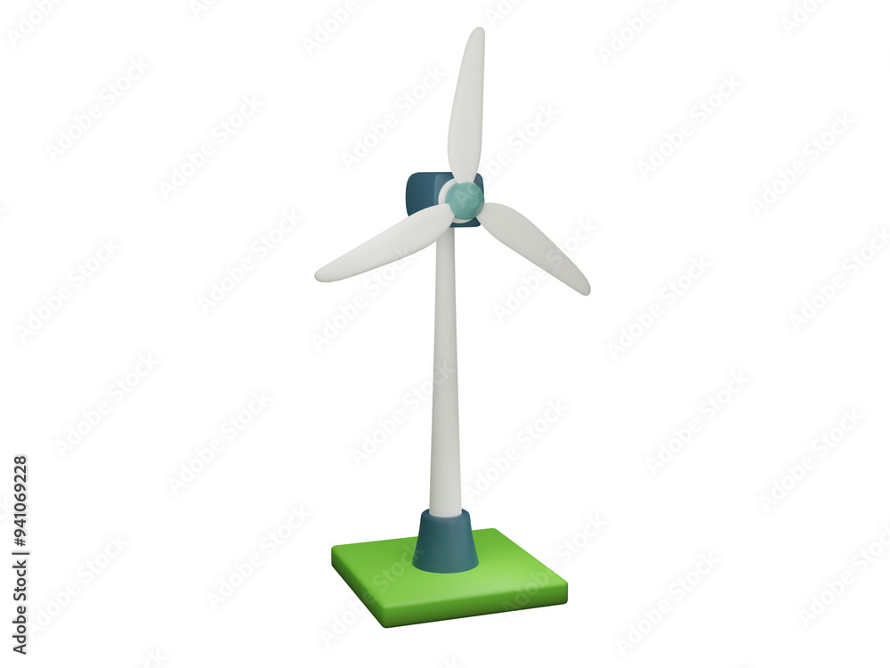A 3D model of a wind turbine on a green base, symbolizing renewable energy and sustainability.
