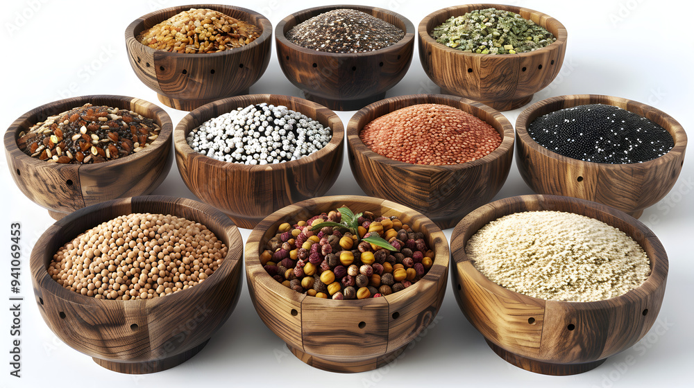 Organic grains, assorted in wooden bowls Organic grains, assorted in wooden bowls
