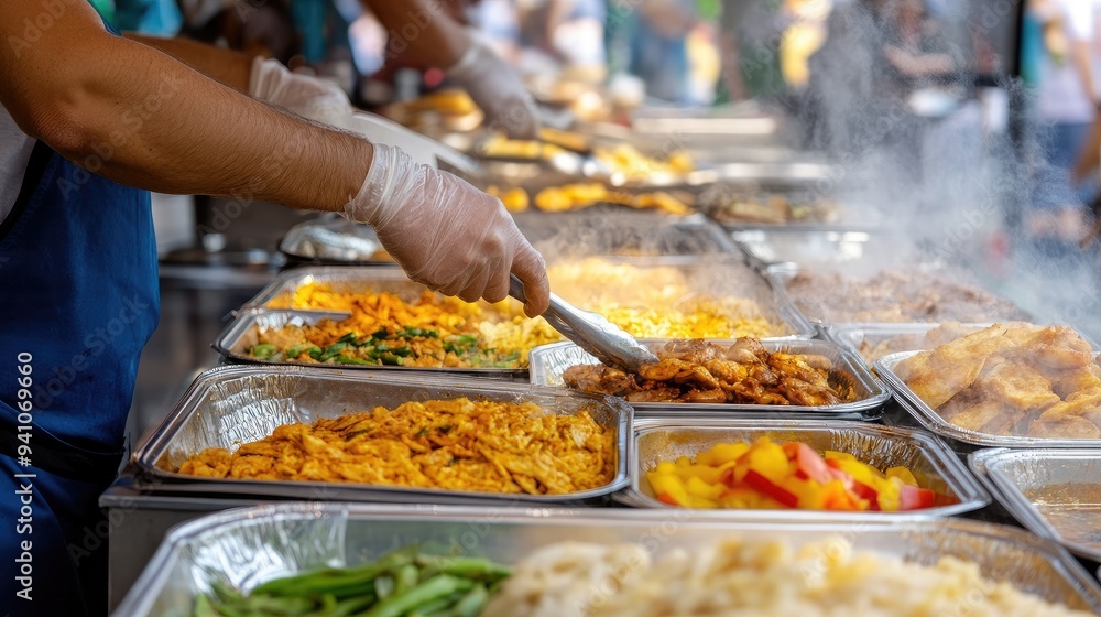 Obraz premium Street food festival with diverse cuisines and crowds enjoying the atmosphere