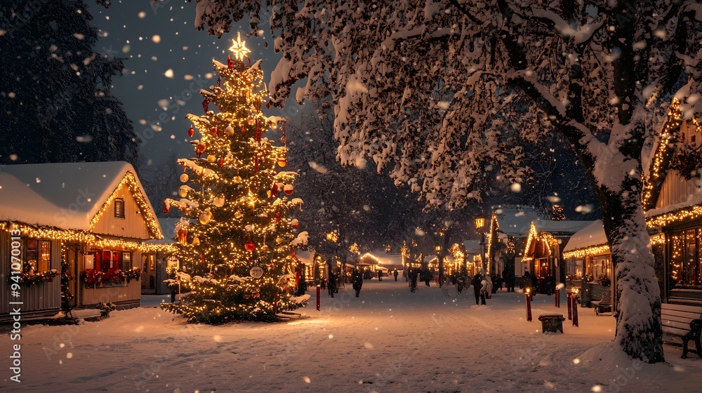 A snowy village square with a large decorated Christmas tree and twinkling lights A snowy village square with a large decorated Christmas tree and twinkling lights