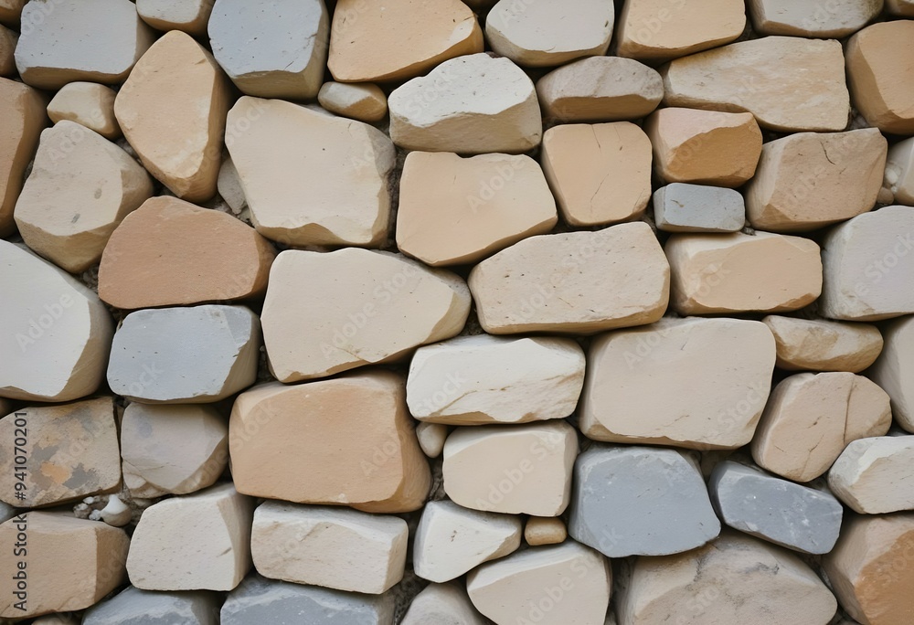 A stone wall made up of various sized and shaped beige , brown , and gray stones arranged in an irregular pattern A stone wall made up of various sized and shaped beige , brown , and gray stones arranged in an irregular pattern