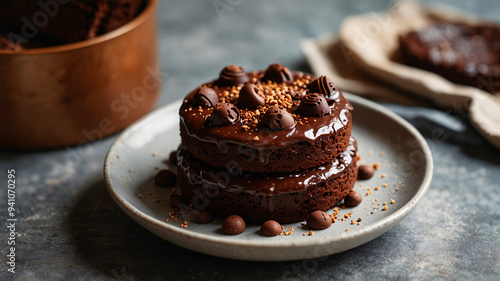 A double-layered chocolate cake topped with various chocolates, presented on a modern plate with a soft and rustic backdrop.