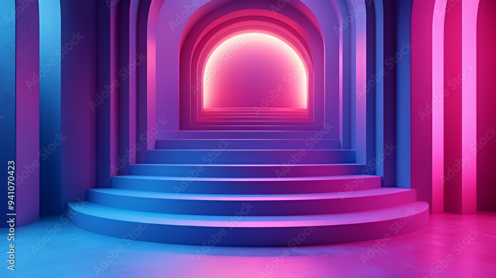 A vibrant, abstract space with illuminated arches and steps, creating a futuristic atmosphere. A vibrant, abstract space with illuminated arches and steps, creating a futuristic atmosphere.