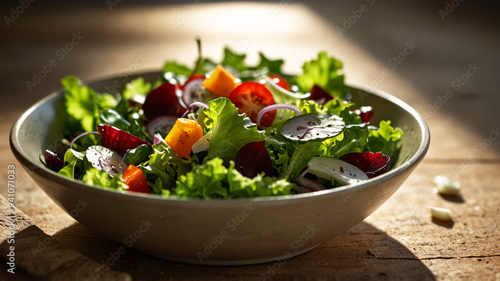 Bowl of fresh salad with mixed vegetables, including radishes and cherry tomatoes, bathed in natural sunlight for a vibrant look. Bowl of fresh salad with mixed vegetables, including radishes and cherry tomatoes, bathed in natural sunlight for a vibrant look.