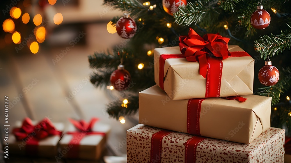 A stack of beautifully wrapped gifts under a Christmas tree decorated with handmade ornaments A stack of beautifully wrapped gifts under a Christmas tree decorated with handmade ornaments