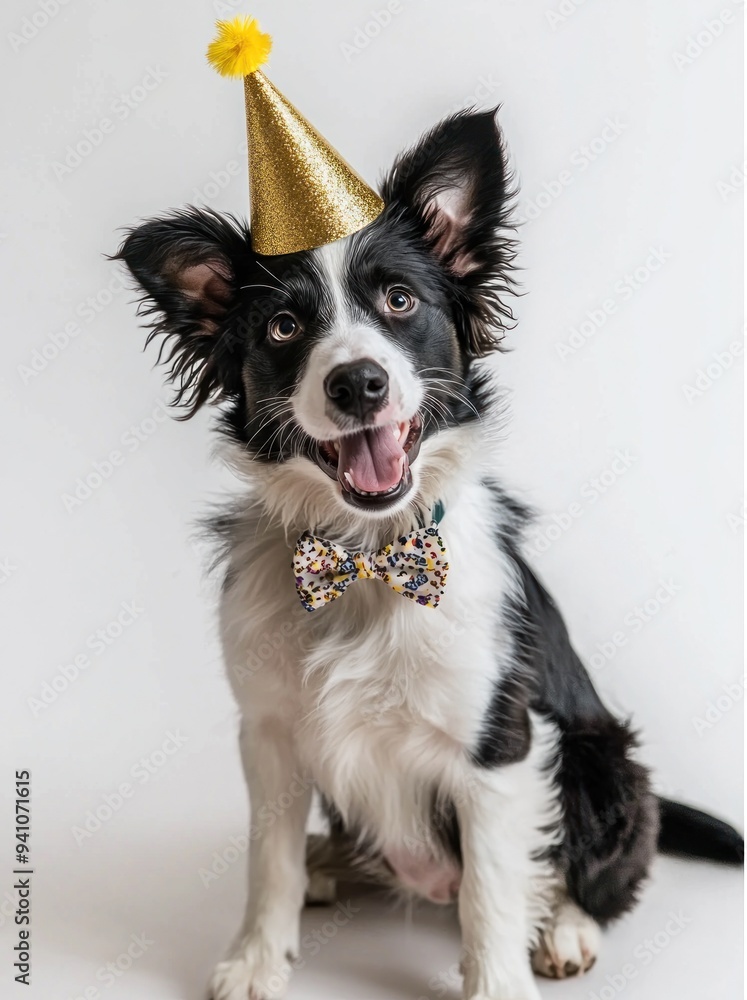 Fototapeta premium Dog wearing a gold party hat and colorful bow tie with a cheerful expression Generative AI