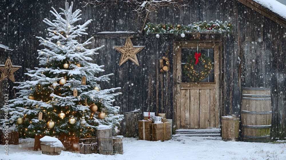 A rustic outdoor scene with a snow-covered Christmas tree and handmade wooden decorations A rustic outdoor scene with a snow-covered Christmas tree and handmade wooden decorations