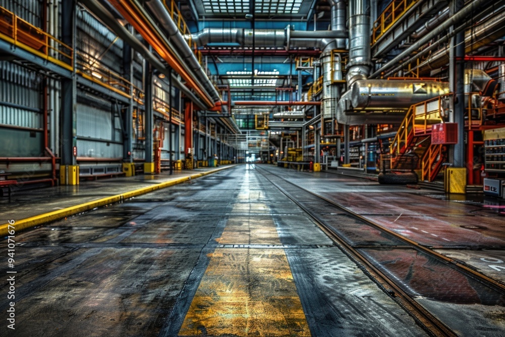 An empty industrial warehouse with a yellow line painted on the floor An empty industrial warehouse with a yellow line painted on the floor