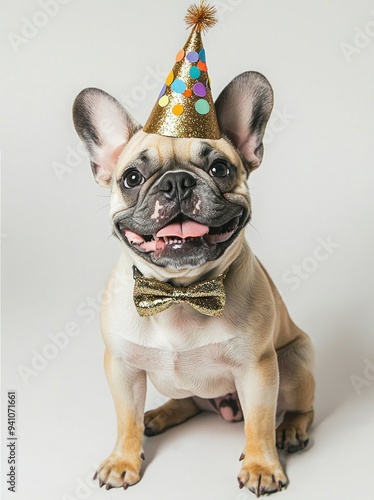 French bulldog in a gold party hat and black bow tie sitting against a white background Generative AI