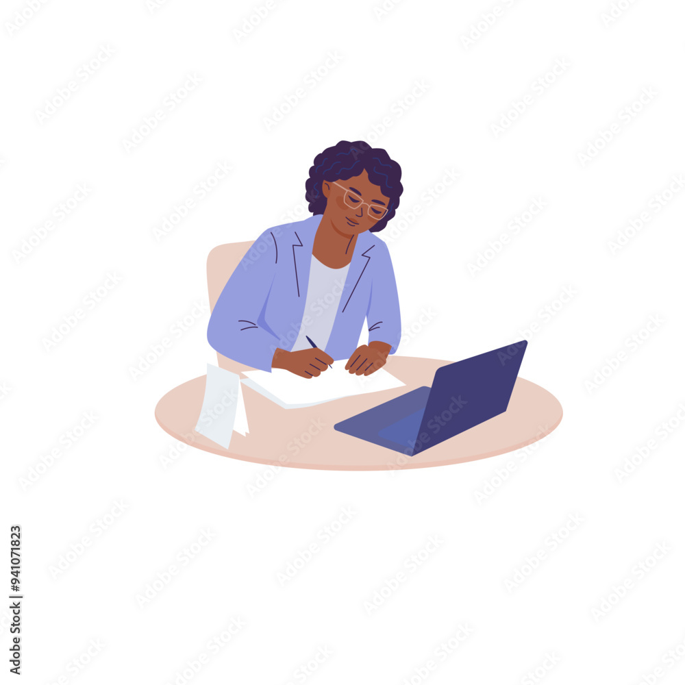 Business woman is writing working at a laptop. Vector color isolated illustration. Business woman is writing working at a laptop. Vector color isolated illustration.
