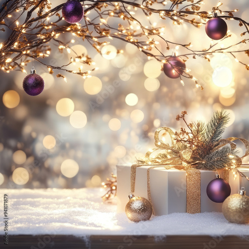 Christmas podium with blurry shiny lights for branding and packaging presentation. Product display with gift boxes, christmas tree, gold purple balls photo