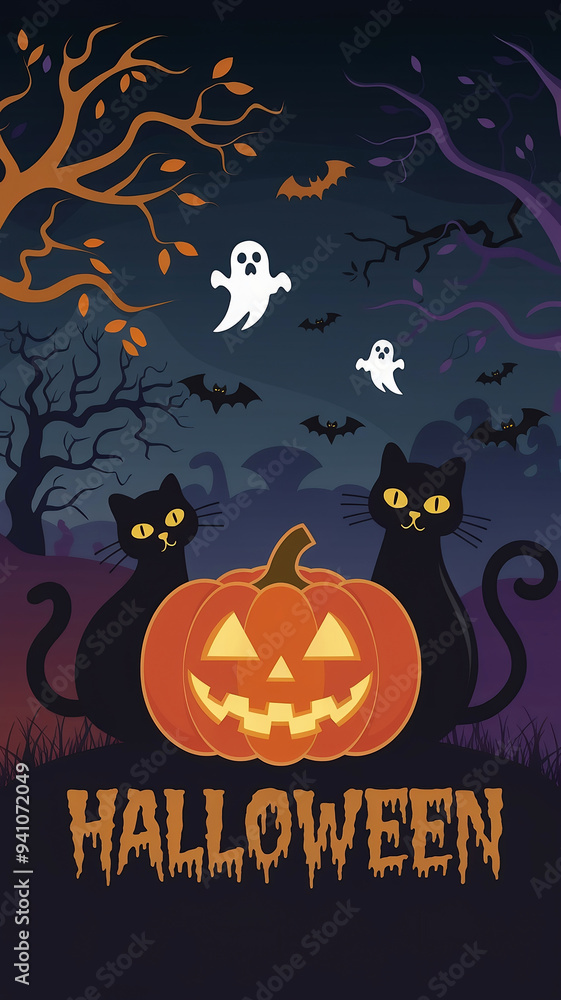 Illustration of spooky halloween wallpaper with skull in pumpkin, black cats, ghosts, bats, text Illustration of spooky halloween wallpaper with skull in pumpkin, black cats, ghosts, bats, text