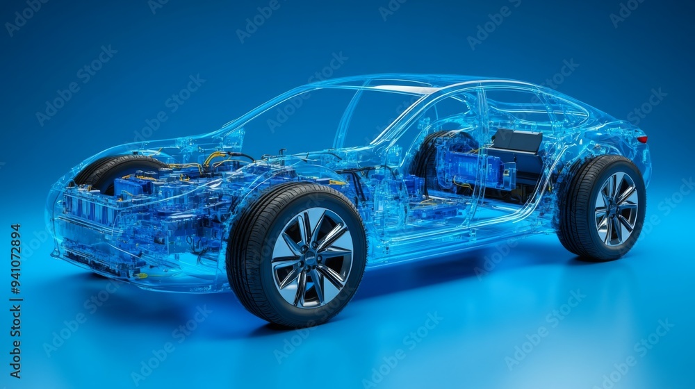 An electric car lithium battery pack is illustrated with power connections, showcasing the core of modern automotive technology in a vibrant blue tone An electric car lithium battery pack is illustrated with power connections, showcasing the core of modern automotive technology in a vibrant blue tone