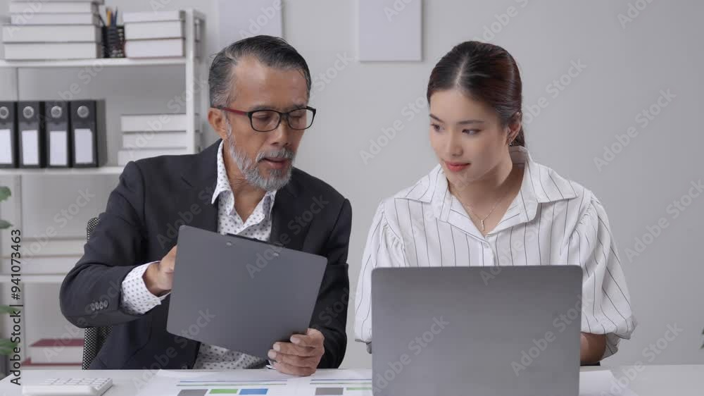 Senior manager and a young intern are collaborating on a project in the office. He is pointing at a document and she is working on a laptop Senior manager and a young intern are collaborating on a project in the office. He is pointing at a document and she is working on a laptop