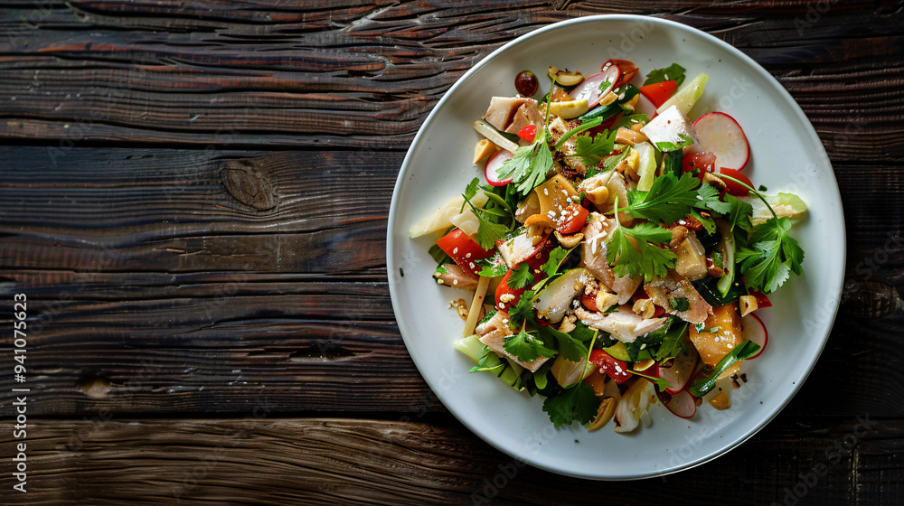 Fresh salad with chicken, nuts, and vegetables is served on a rustic wooden table Fresh salad with chicken, nuts, and vegetables is served on a rustic wooden table
