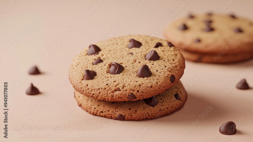 Close-up of Chocolate Chip Cookies on a Tan Background. Close-up of Chocolate Chip Cookies on a Tan Background.