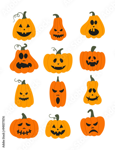 Vector set of isolated pumpkins with different scary emotions. Pumpkins ghosts Halloween symbol.