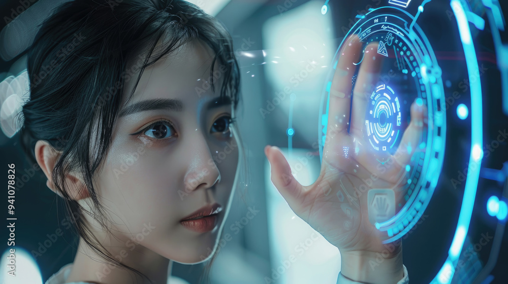 A young woman engages with a vibrant, holographic display using her hand in a modern, technologically advanced setting A young woman engages with a vibrant, holographic display using her hand in a modern, technologically advanced setting