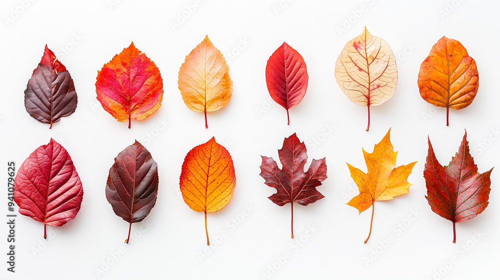 Obraz premium A collection of vibrant autumn leaves in shades of red, orange, and yellow, delicately arranged on a crisp white background
