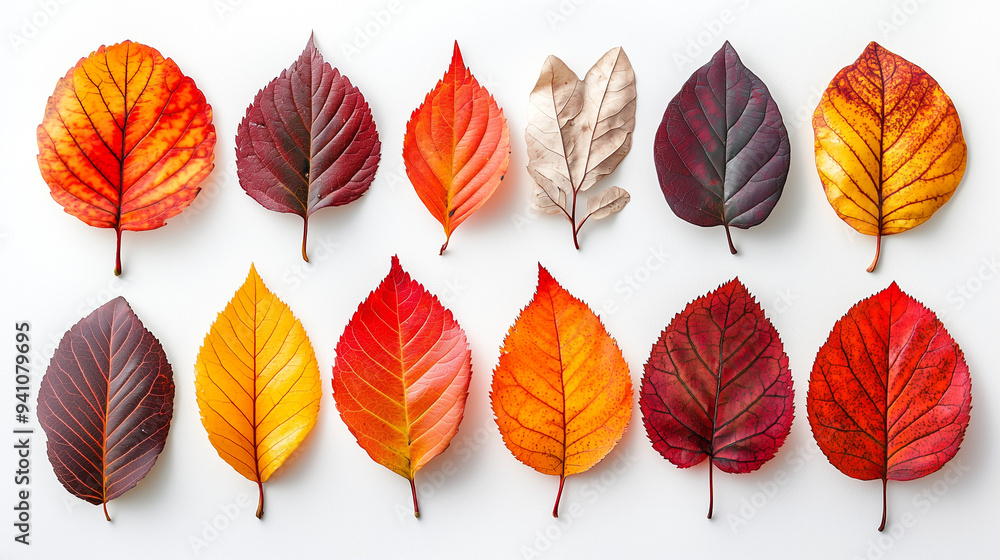 Obraz premium A collection of vibrant autumn leaves in shades of red, orange, and yellow, delicately arranged on a crisp white background