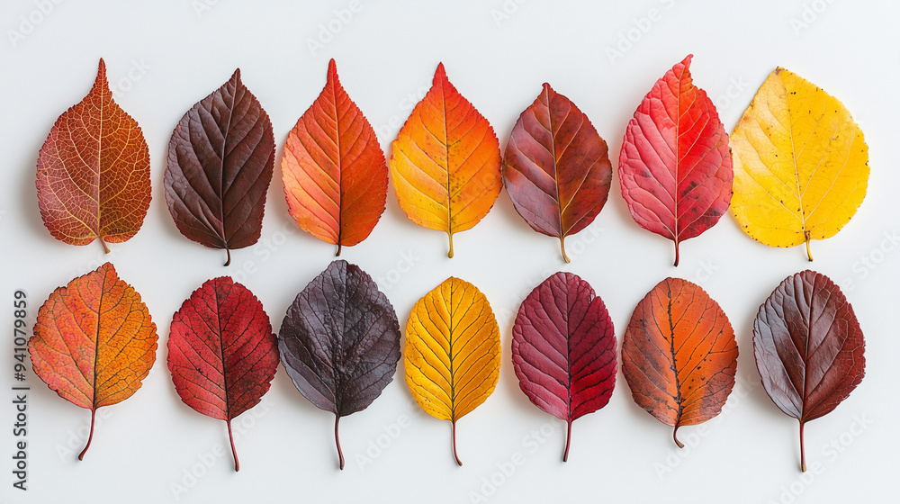 A collection of vibrant autumn leaves in shades of red, orange, and yellow, delicately arranged on a crisp white background A collection of vibrant autumn leaves in shades of red, orange, and yellow, delicately arranged on a crisp white background