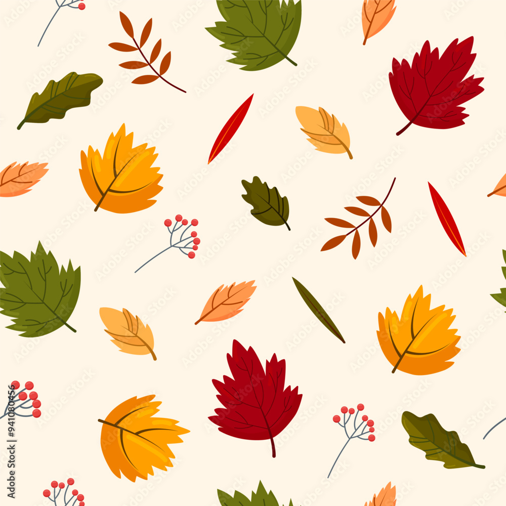 Fototapeta premium Autumn leaf seamless pattern. Cute colorful vector background with bright autumn leaves. Print on fabric, packaging, paper, wallpaper and other surfaces.