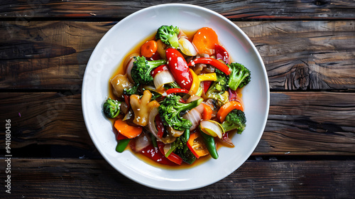 Steamed vegetables with soy sauce seasoned with sesame seeds lying on a white plate on a wooden table