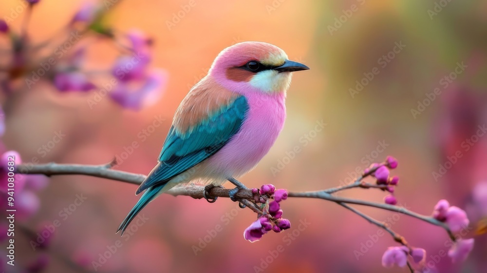 Obraz premium Pink and Blue Bird on Branch with Flowers.