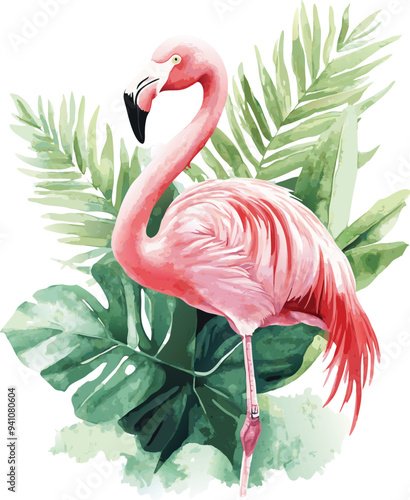 Watercolor Illustration of Pink Flamingo on Floral Background with Colorful Tropical Leaves 2