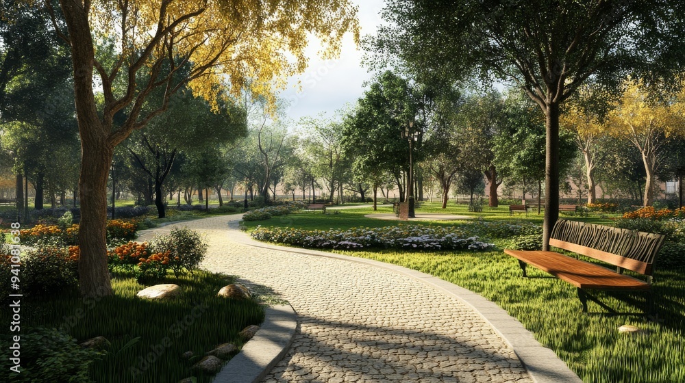 Fototapeta premium Stone Path Winding Through a Lush Green Park.