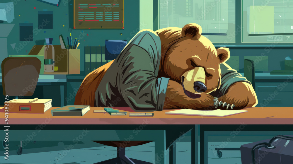 A bear, dressed in casual attire, peacefully naps at a cluttered desk in a cheerful office, where paperwork is scattered around A bear, dressed in casual attire, peacefully naps at a cluttered desk in a cheerful office, where paperwork is scattered around