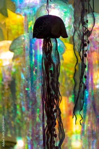 Photography Streets decorated during the popular festivities in Barcelona's Gracia neighbourhood in the summer of 2024