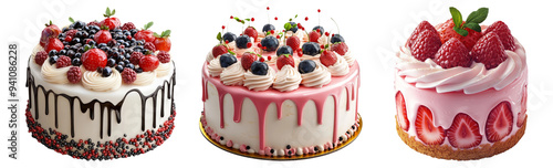 Delicious cakes in various designs isolated on transparent background