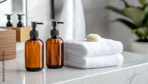 Blurred, empty bathroom countertop with small hand wash products