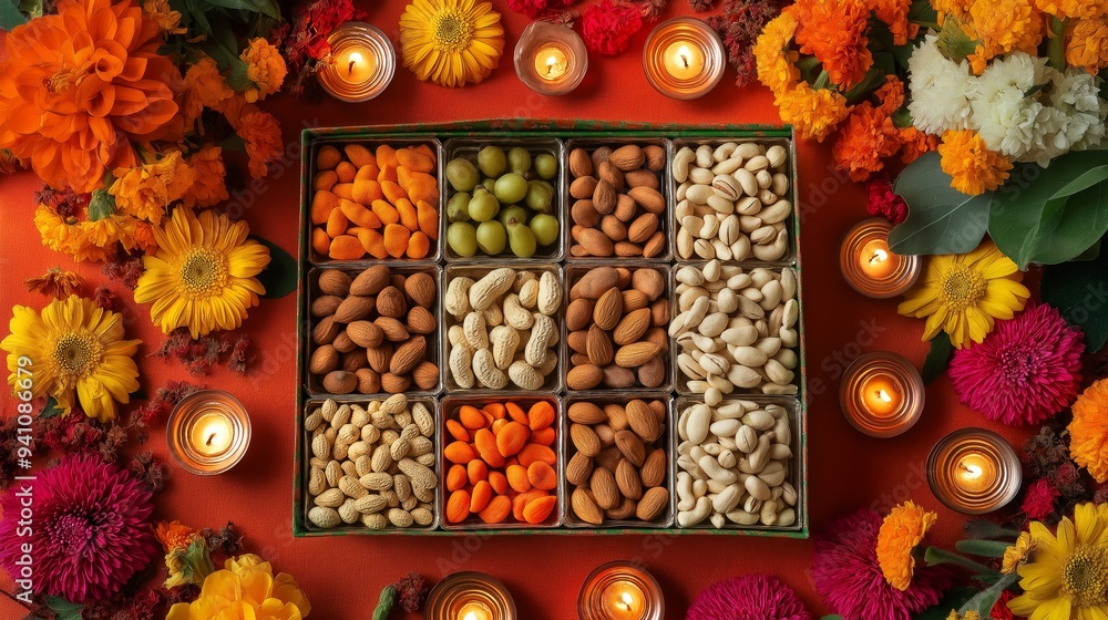 Celebrate Diwali with a beautiful dry fruit gift box surrounded by flowers and glowing diyas on a festive tablecloth Celebrate Diwali with a beautiful dry fruit gift box surrounded by flowers and glowing diyas on a festive tablecloth