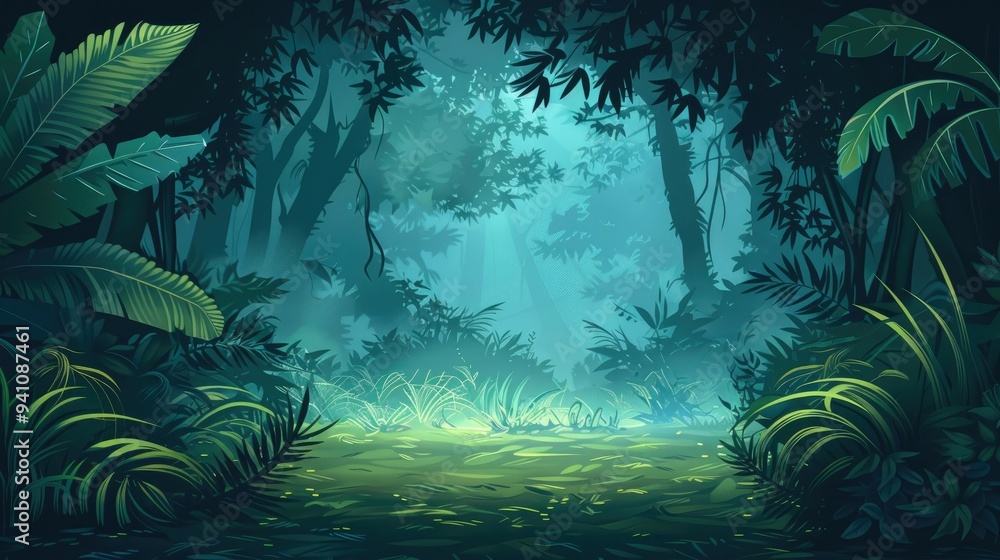 Naklejka premium Dense Jungle Scene with Sunbeams Filtering Through Canopy