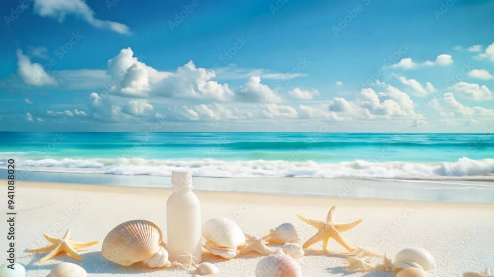 A bottle of lotion sits on a beach next to a pile of seashells A bottle of lotion sits on a beach next to a pile of seashells