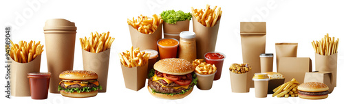Assorted fast food items including burgers and fries set isolated on transparent background