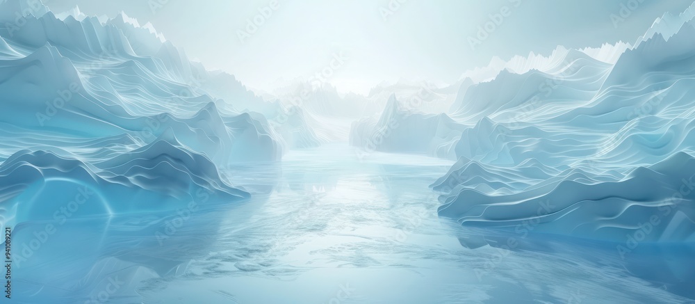 layer of ice hills landscape with a blue sky and white clouds. The water is calm and there are no waves. The image is very peaceful and serene illustration layer of ice hills landscape with a blue sky and white clouds. The water is calm and there are no waves. The image is very peaceful and serene illustration