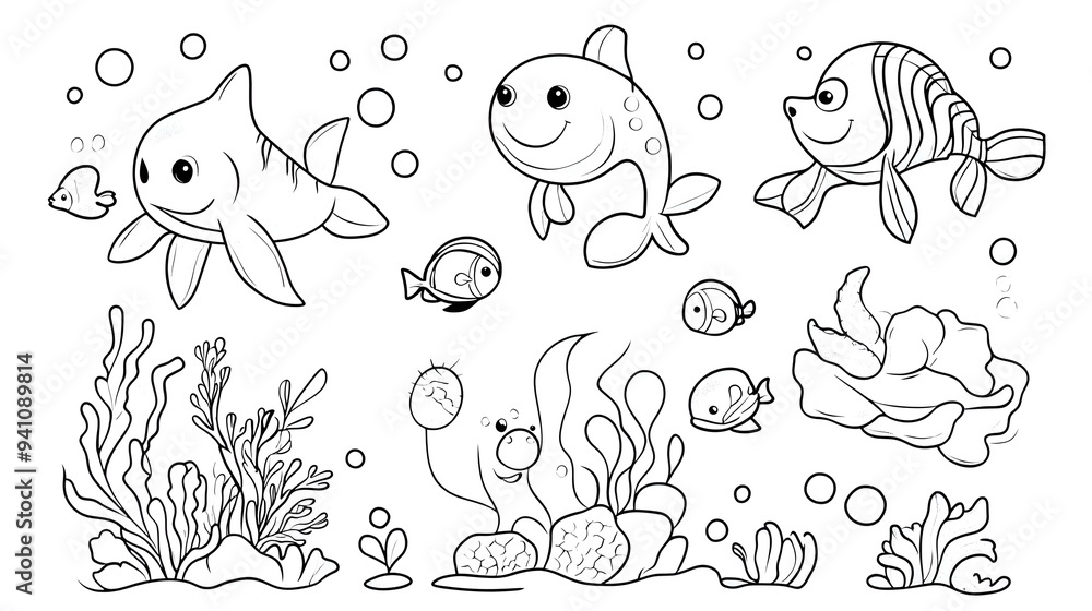 Fototapeta premium Drawing simple lines cute set sea animals coloring book pages. cartoons for preschool children