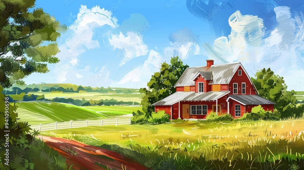 ustic farmhouse exterior with a red barn, wooden shutters, and sprawling farmland, capturing the essence of rural life. ustic farmhouse exterior with a red barn, wooden shutters, and sprawling farmland, capturing the essence of rural life.