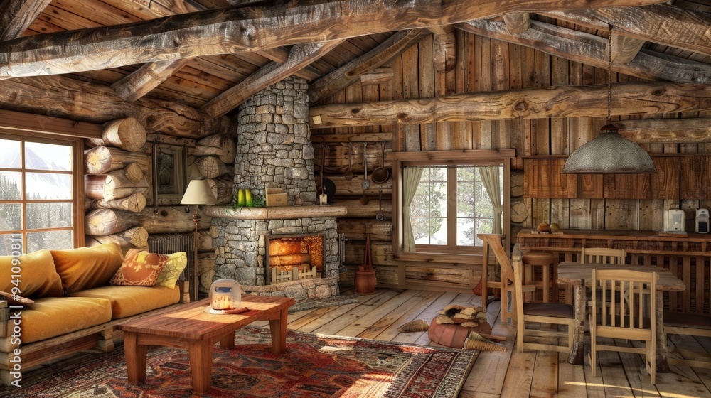 rustic log cabin, emphasizing its wooden construction, stone fireplace, and cozy interior layout. rustic log cabin, emphasizing its wooden construction, stone fireplace, and cozy interior layout.