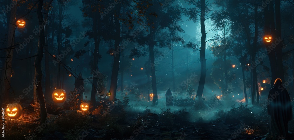 Spooky forest scene with glowing jack-o'-lanterns hanging from trees, set against a misty, eerie background. Perfect for Halloween themes. Spooky forest scene with glowing jack-o'-lanterns hanging from trees, set against a misty, eerie background. Perfect for Halloween themes.