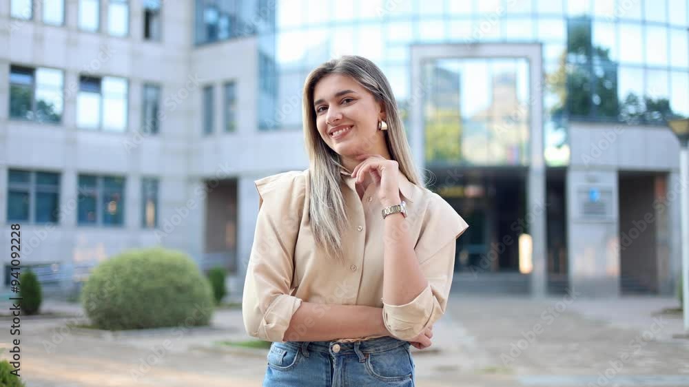 Beautiful young businesswoman standing on the street and smiling Beautiful young businesswoman standing on the street and smiling