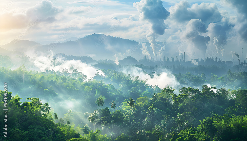 factory smoke covering green forest double exposure global warming climate change factory smoke covering green forest double exposure global warming climate change