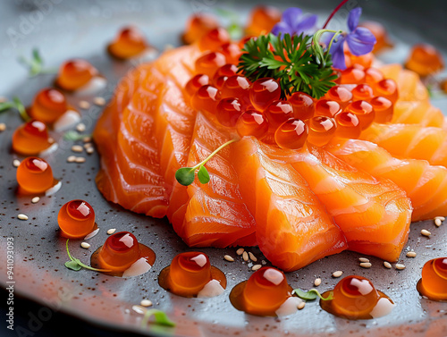 Freshness salmon sashimi sushi fish wasabi japanese food meal decoreated plate in fine dining restaurant course, healthy eating seafood raw food gourmet delicious elegant japan tradition cookery photo