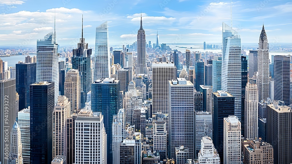 Obraz premium Modern Urban Landscape: Skyscrapers and Busy Streets under Sharp Midday Shadows with Copy Space