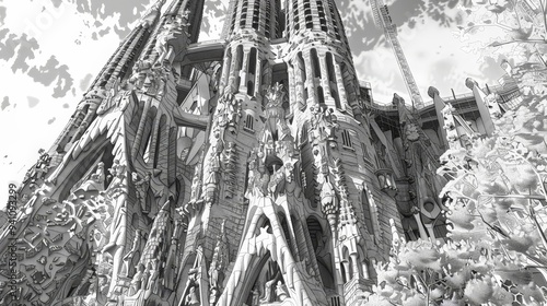 Illustrate the stunning architecture of the Sagrada Familia in Barcelona, designed by Antoni featuring its intricate facades and towering spires. photo