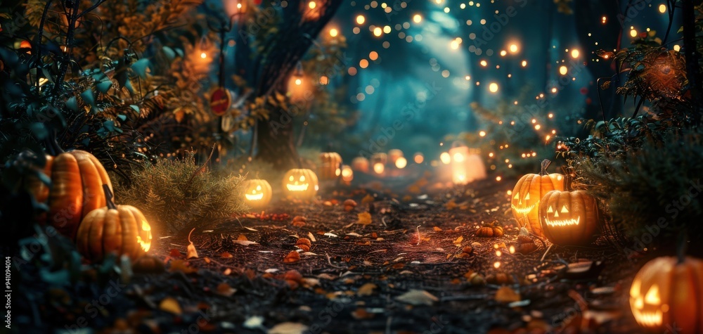 Enchanted Halloween forest with glowing jack-o'-lanterns, floating lanterns, and autumn leaves creating a magical and spooky atmosphere. Enchanted Halloween forest with glowing jack-o'-lanterns, floating lanterns, and autumn leaves creating a magical and spooky atmosphere.