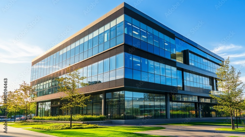 Modern Office Building with Glass Facade and Green Landscape. Modern Office Building with Glass Facade and Green Landscape.